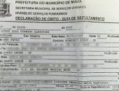 Declaração de óbito de Andréia Albertini