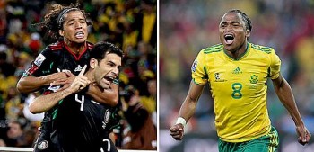 Rafa Márquez e Tshabalala festejam seus gols na abertura