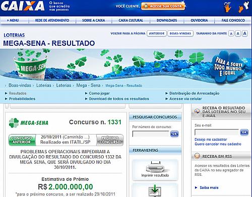 Problemas operacionais impedem divulgação do concurso 1.332 da na Mega-Sena