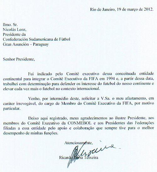 Carta de Ricardo Teixeira enviada ao presidente da Conmebol