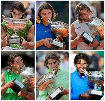 Rafael Nadal em suas seis conquistas anteriores em Paris