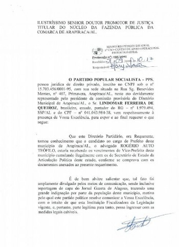 Documentos protocolados no MP contra Rogério Teófilo