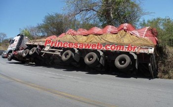 Carregada de Bobina de Papel, carreta tomba na Serra das Espias