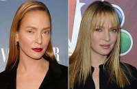 À esquerda, Uma Thurman nesta segunda-feira (9) durante evento em Nova York; à direita, em foto tirada menos de um mês antes, em 16 de janeiro, na Califórnia