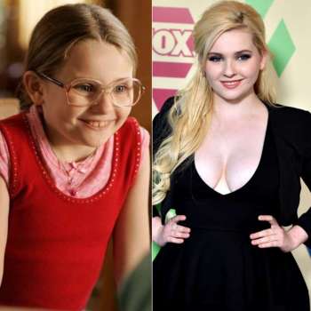 Abigail Breslin como Little Miss Sunshine (à esq.) e durante festa da Fox, na noite desta quinta-feira (6) (Foto: Divulgação/Kevin Winter / Divulgação/Getty Images)