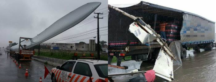 Hélice gigante de turbina eólica cai sobre caminhão na BR-101