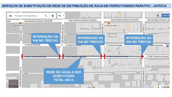 Trecho da Rua São Francisco, no bairro da Jatiúca, que ficará interditado a partir desta quinta-feira (27) para realização de obra de substituição da rede de distribuição de água.