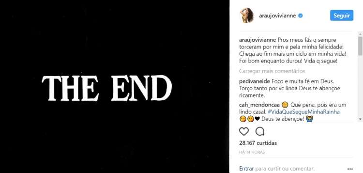 Postagem de Viviane Araújo nas redes sociais.